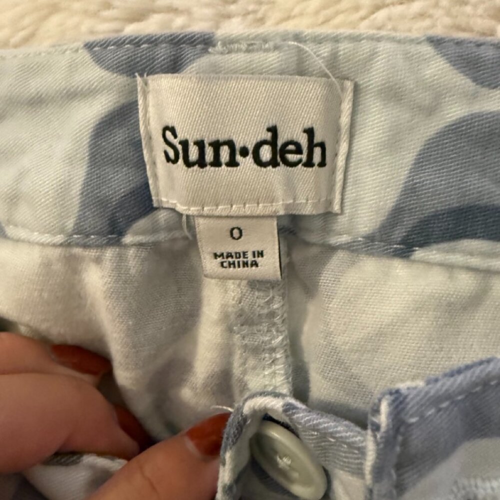 Aritzia Sun-deh Jaden 70's Vector Blue Geo Floral Twill Cotton Pant wide leg - Picture 3 of 4
